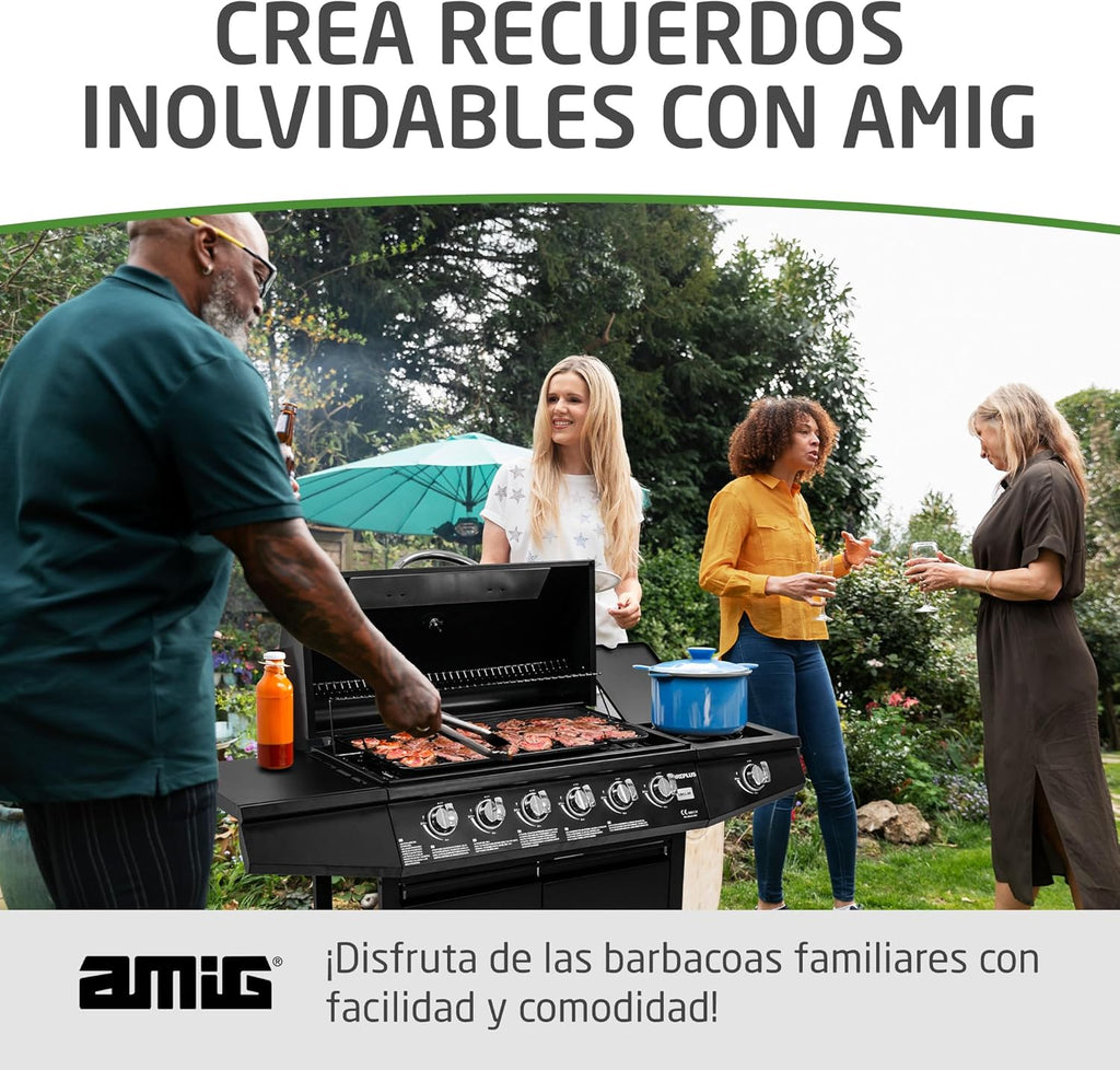 2026 Barbacoa de gas Fireplus 6+1 de 12,9 kW - Acero inoxidable Negro - Parrilla con ruedas Modelo GRILL-6F - Barbacoa XXL con carro y termómetro - 138x52x103 cm - 7 quemadores y Bandeja lateral