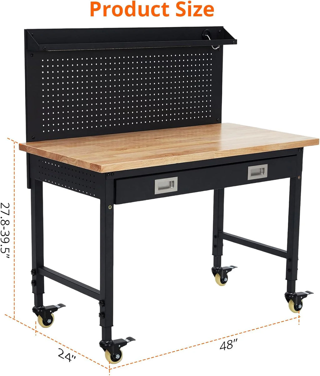 2026 Nuevo banco de trabajo para garaje 48 x 24 pulgadas mesa de trabajo resistente con cajón panel trasero capacidad 2000 lb madera de caucho con enchufes y ganchos