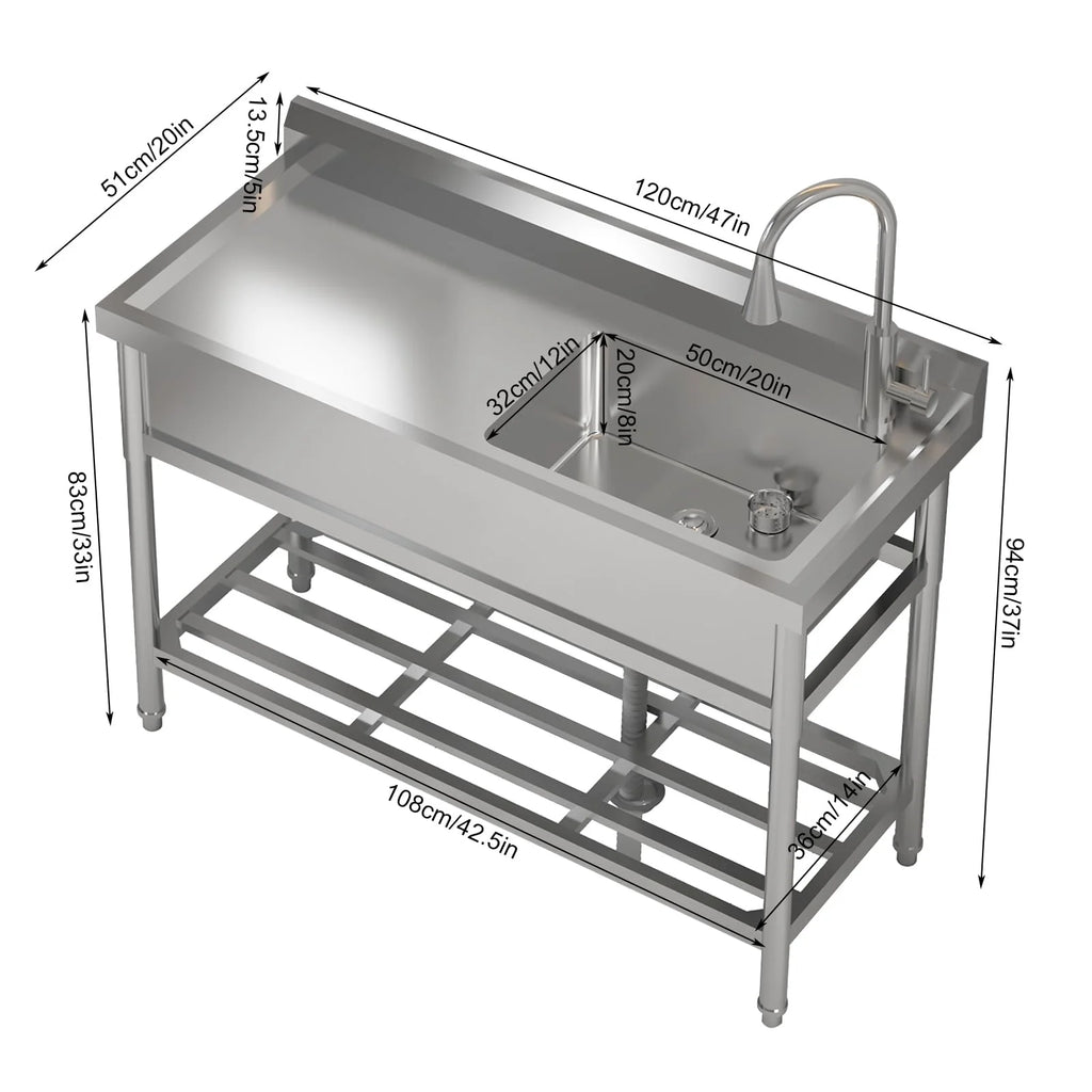 2026 Nuevo fregadero utilitario de acero inoxidable 47”ancho x 20”fondo x 37”alto independiente de un seno con grifo de agua fría y caliente para cocina lavandería restaurante garaje o jardín