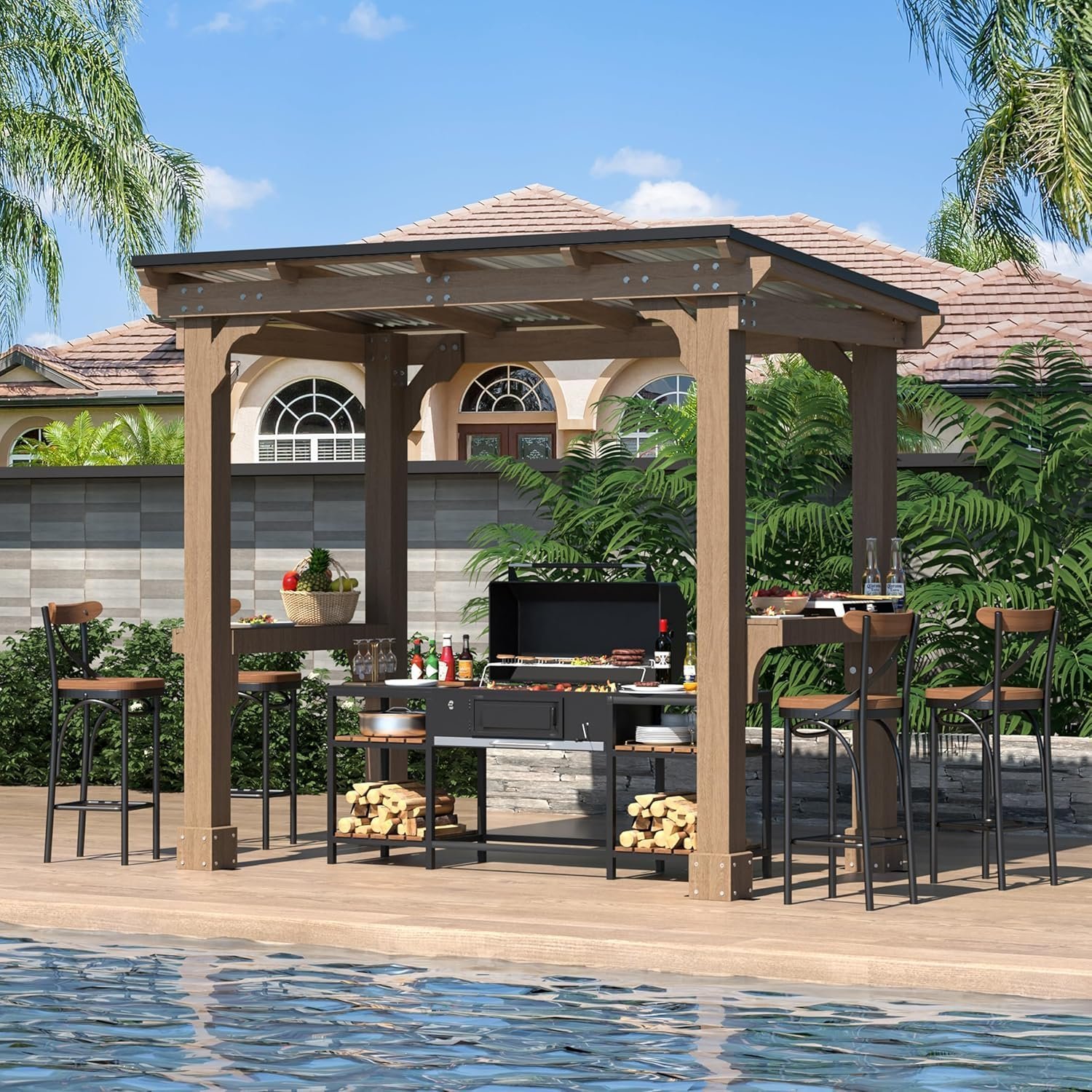 Veikous D Wooden Grill Gazebo Outdoor with Steel Roof