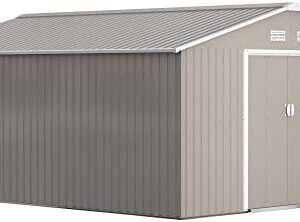 Outsunny 11′ x 13′ Outdoor Storage Shed, Garden Tool Metal Shed with Foundation Kit, Double Lockable Door, Air Vents and Sloping Roof, for Backyard, Patio, Lawn, Light Gray